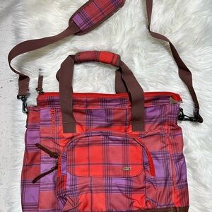 Hurley Plaid Red & Purple Convertible Tote Bag with Shoulder Strap